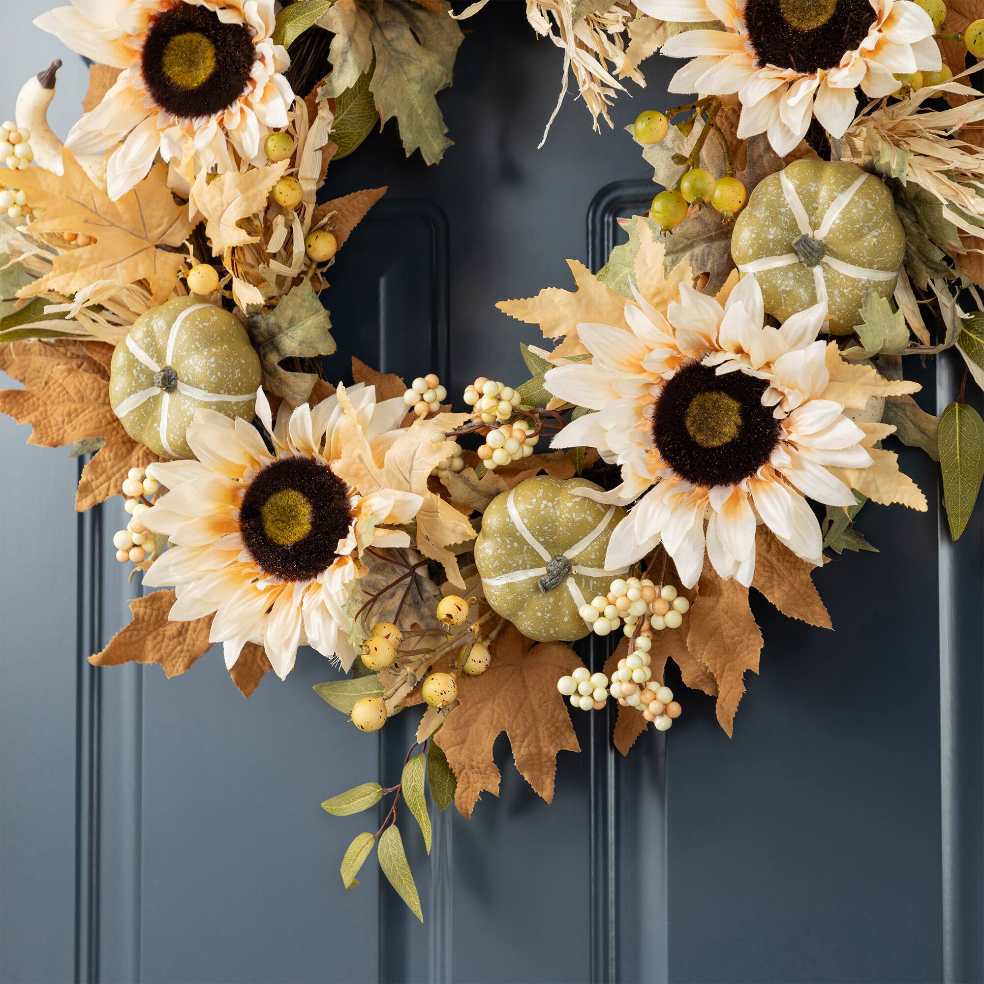 Glitzhome® 24" Fall Neutral Sunflower, Pumpkin and Leaf Wreath